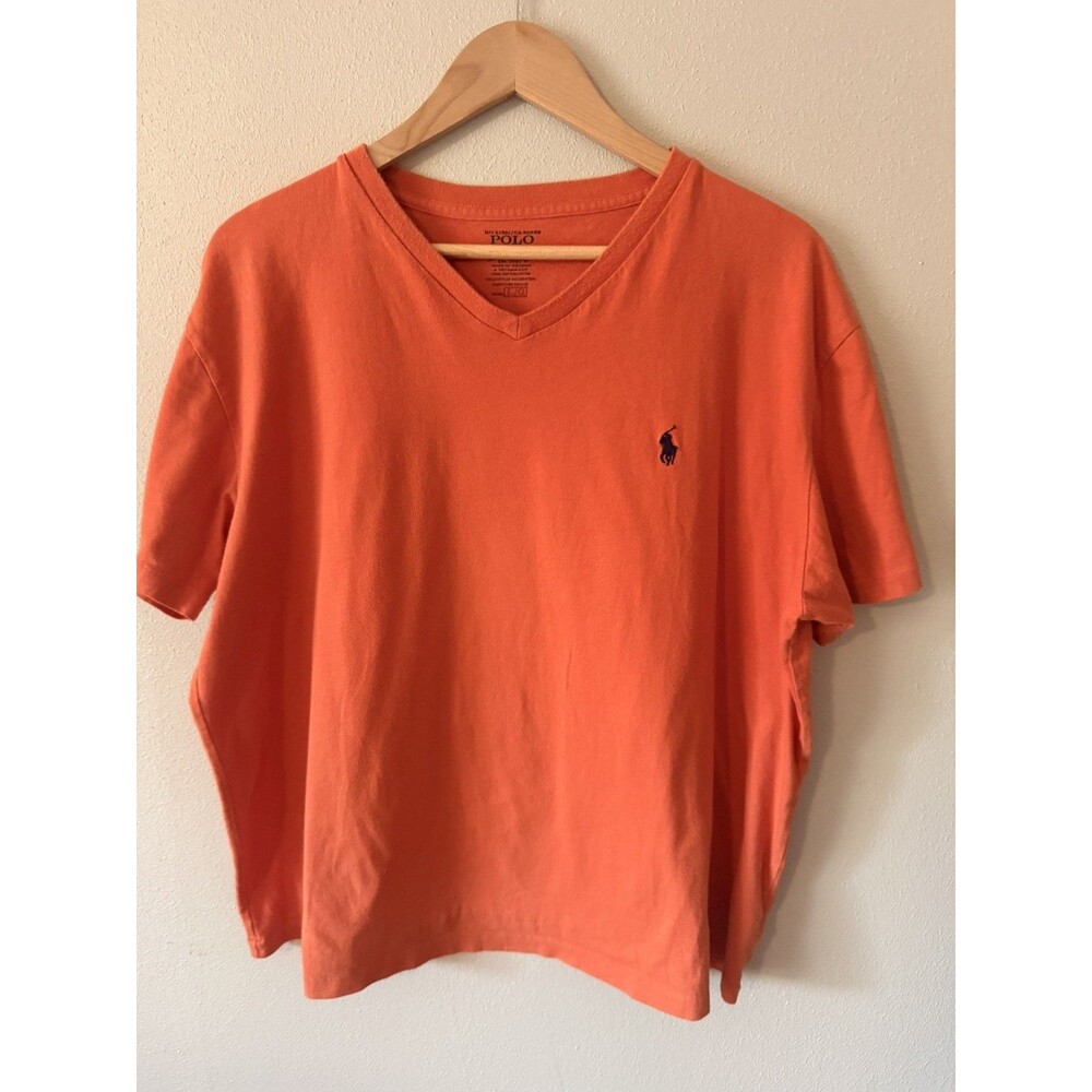 Polo Ralph Lauren T Shirt V Neck Mens Large Orange Pony Crew Neck Cotton